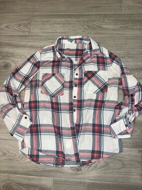 Charlotte Russe White, Pink & Navy Plaid Button-Up Shirt